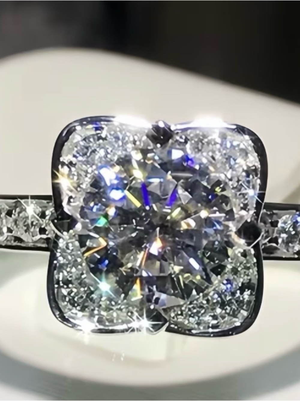 Sparkling White Diamond Halo Flower Ring